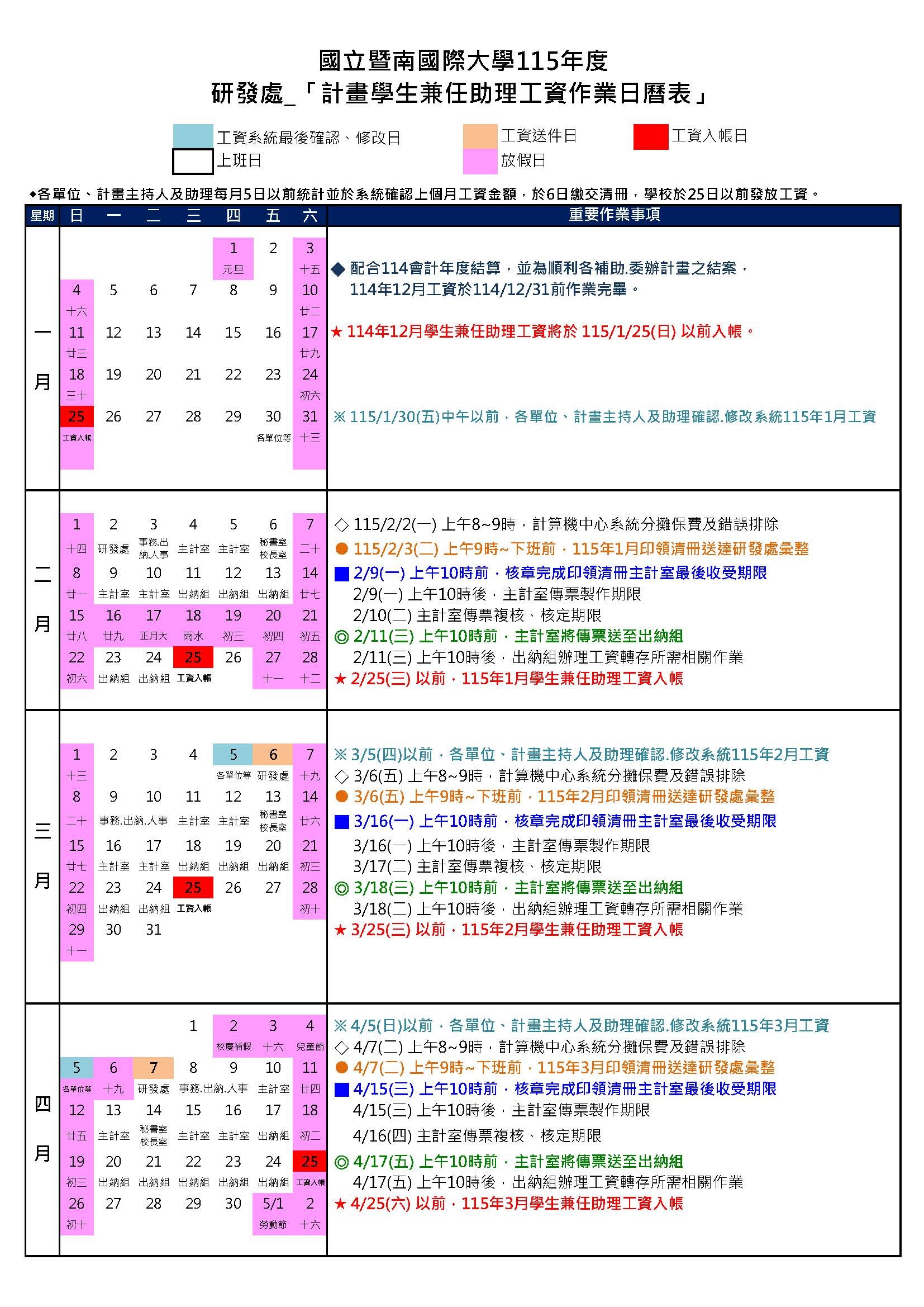 115年度研發處計畫學生兼任助理工資作業日曆表P1