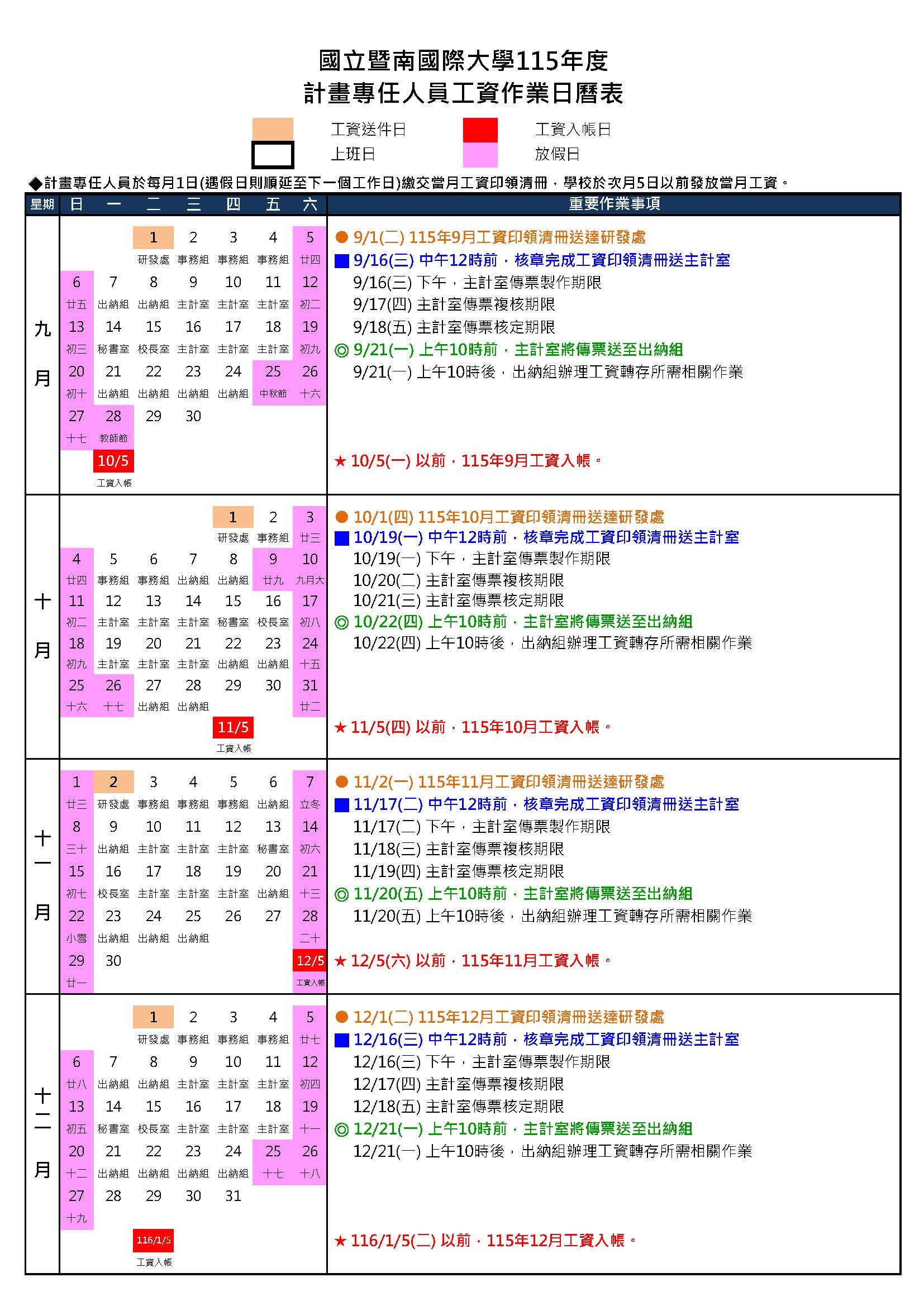 計畫專任人員工資日曆表