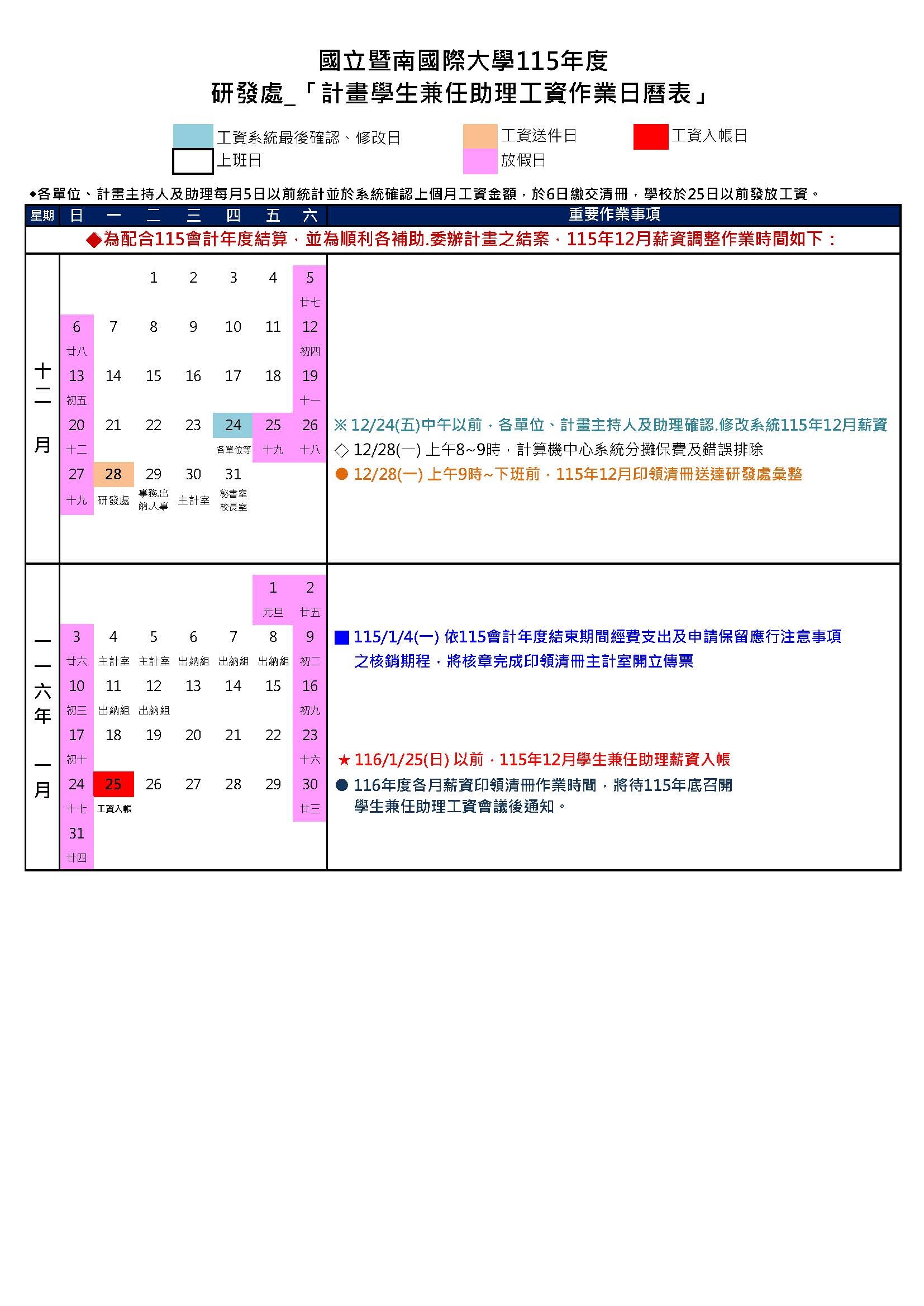 115年度研發處計畫學生兼任助理工資作業日曆表P4